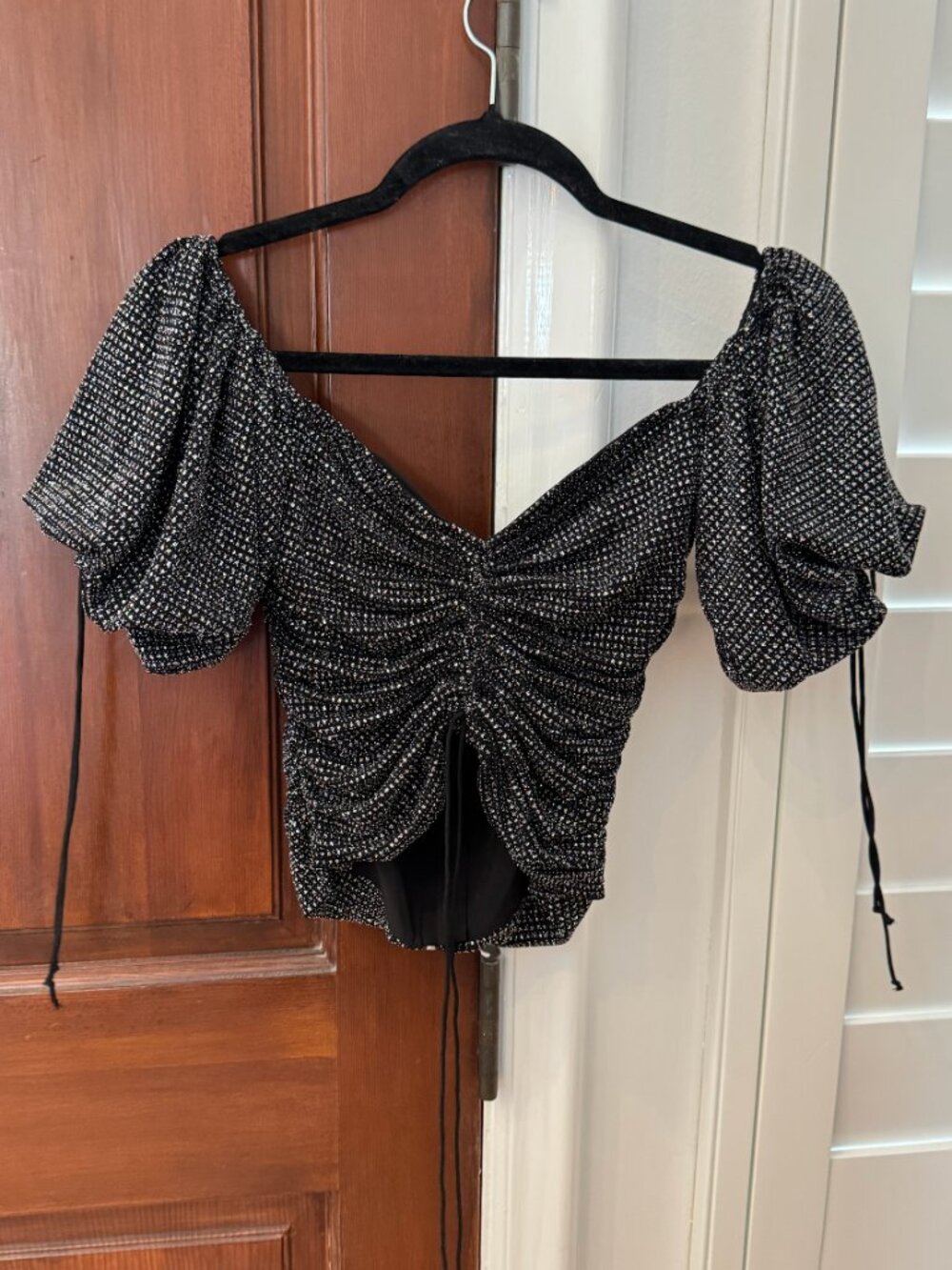 For Love & Lemons Cropped Black Sequined Blouse.